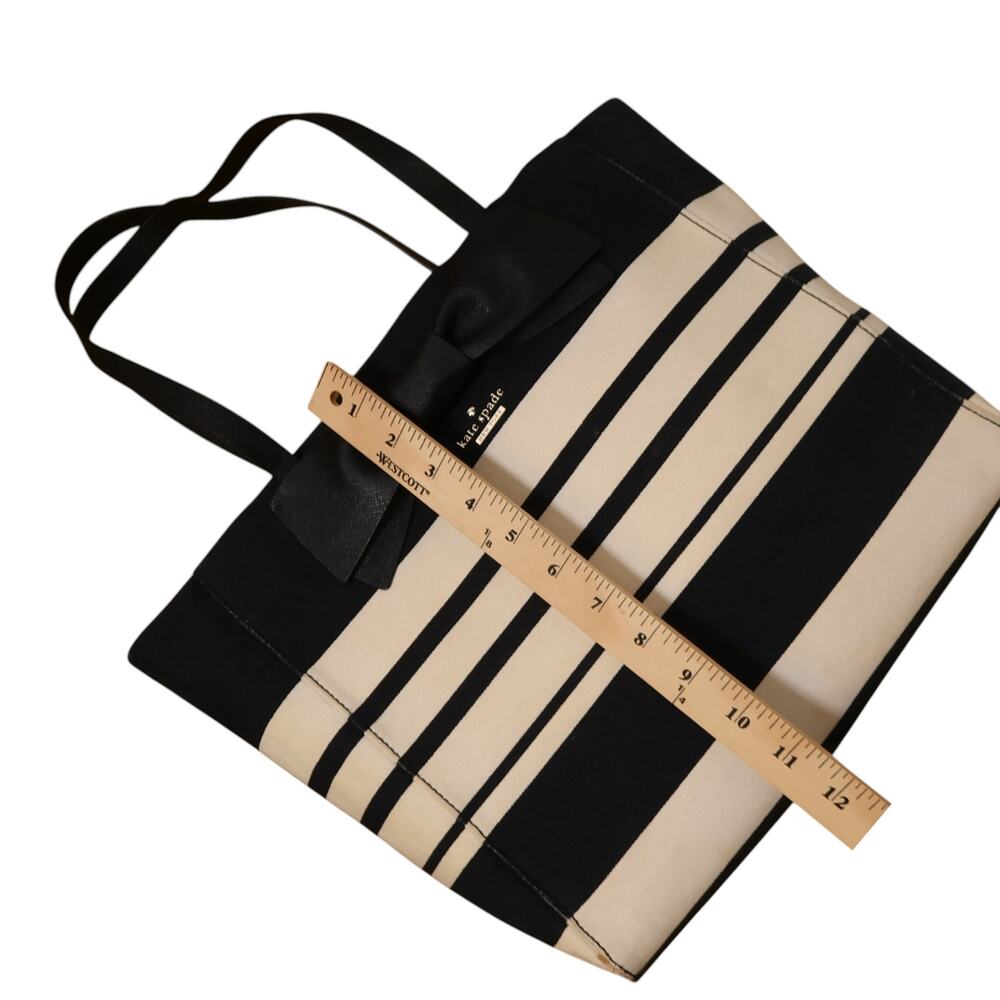 Kate Spade Bow Tote Black Cream Striped Canvas Shopper Bag Large - Picture 14 of 16